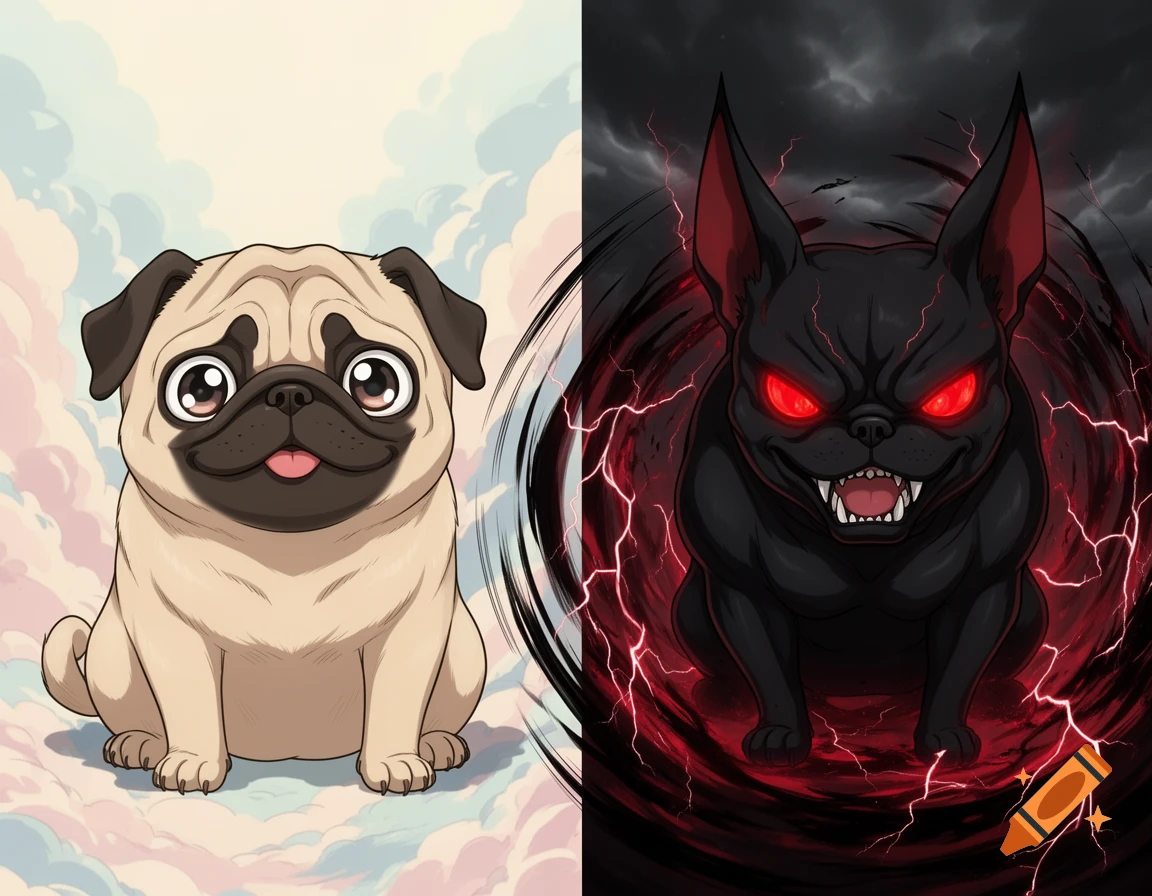 A split image showing a cute, cartoonish pug on the left with a pastel background, and a fierce, dark, demon-like pug with glowing red eyes and lightning on the right with a stormy background, in an anime style.