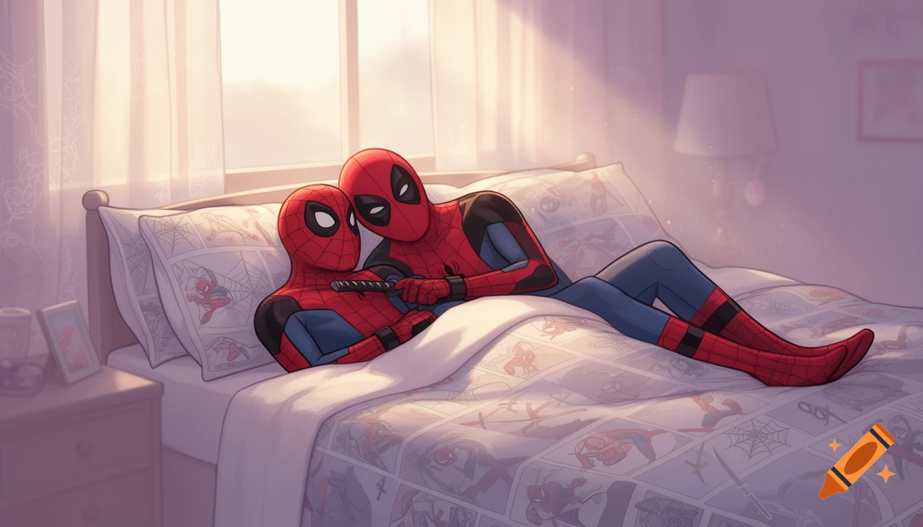 Cartoon of Spider-Man and Deadpool cuddling in a bed with Spider-Man themed bedding.