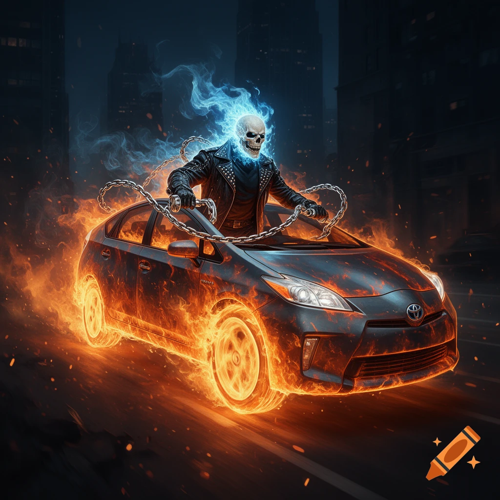 A flaming Ghost Rider with a blue fiery skull drives a blazing Toyota Prius through a dark city street.