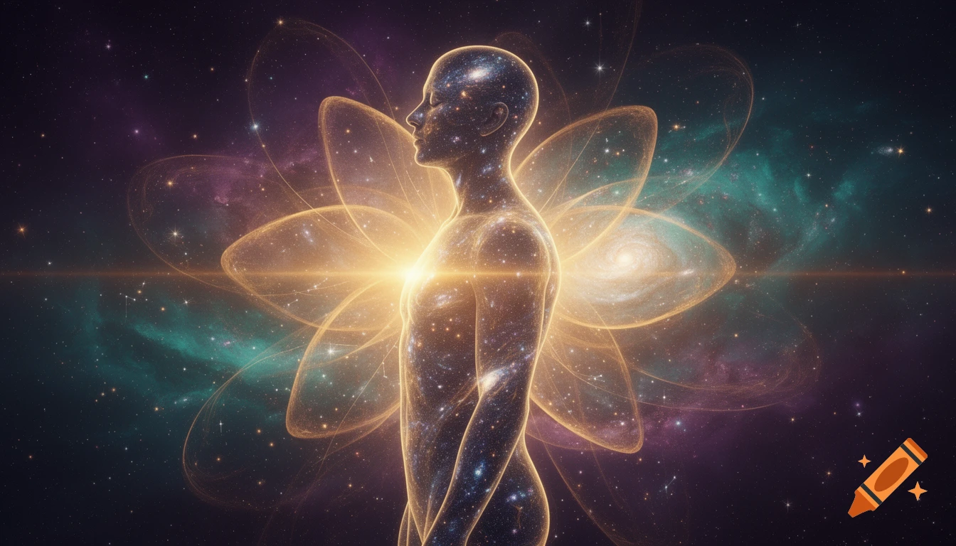 Translucent human silhouette made of stars and nebulae radiates golden light like petals, revealing galaxies against vibrant space nebulas.