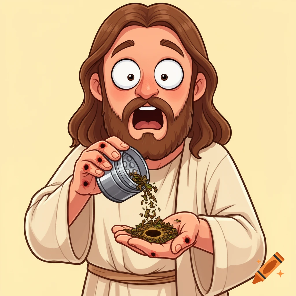 A humorous cartoon illustration of Jesus Christ with a surprised expression, pouring green leafy material from a grinder through a hole in his palm.