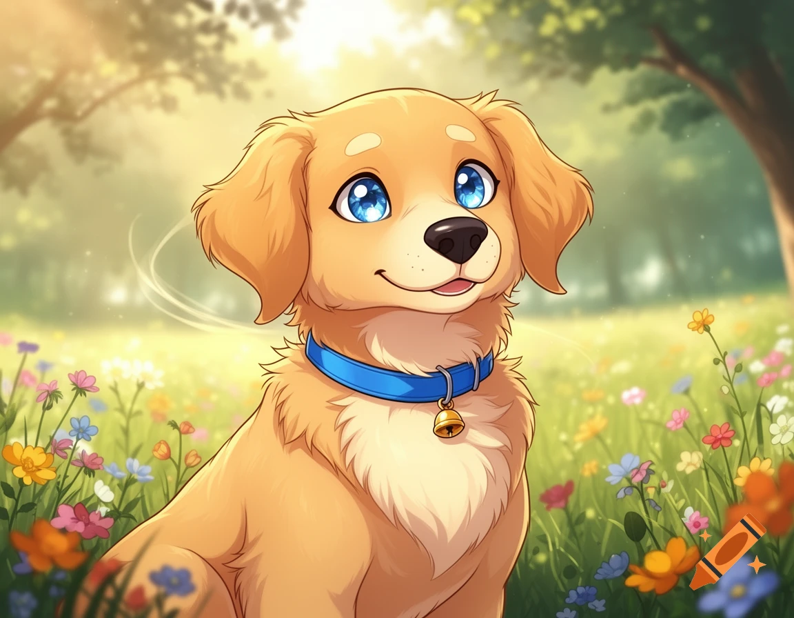 A cute anime-style golden retriever puppy with big blue eyes sits in a sunny field of colorful wildflowers.