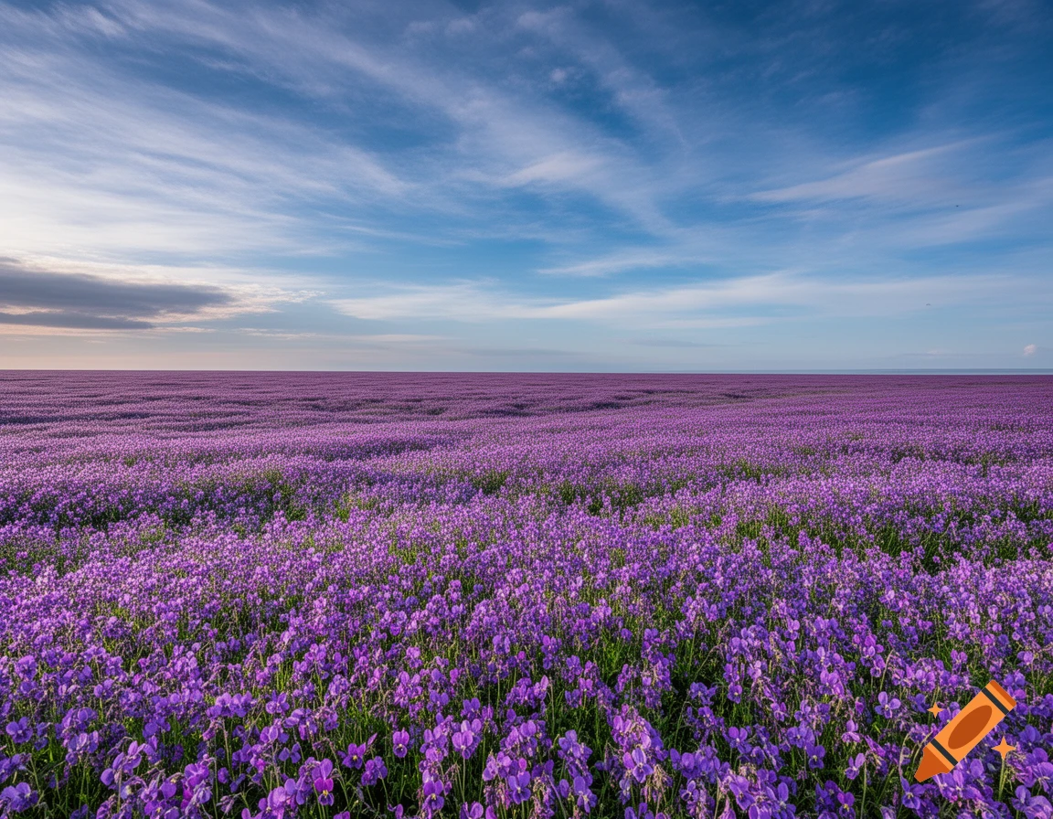 A vast field of purple flowers, resembling violets, stretches towards the horizon under a bright blue sky with wispy clouds.