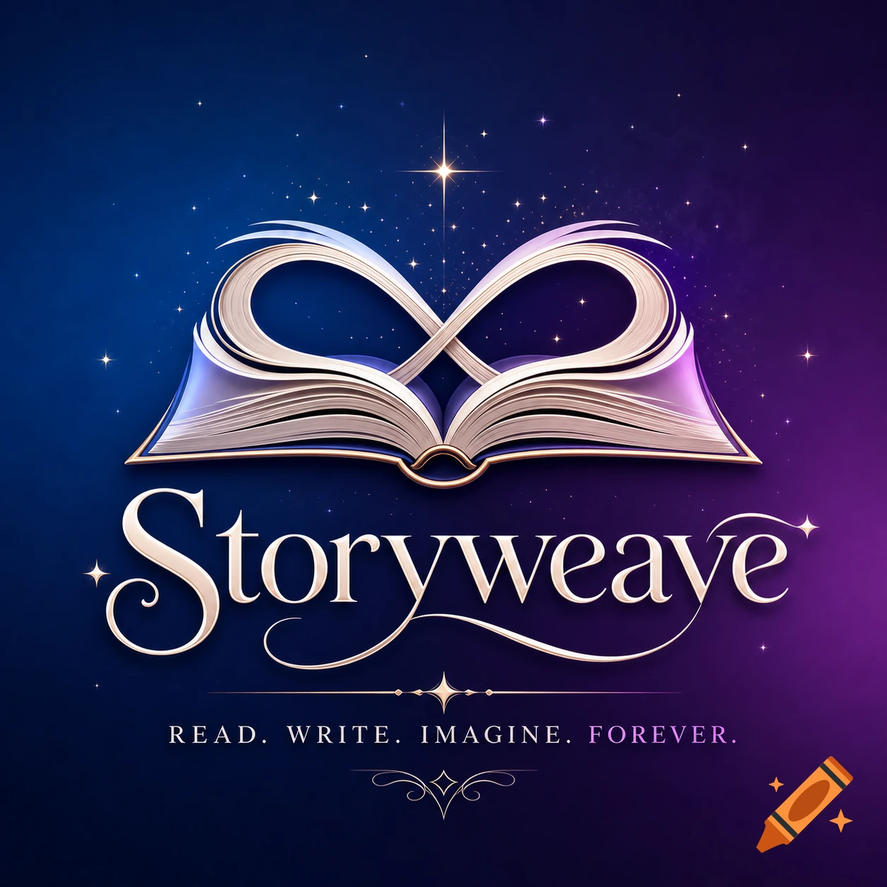 A logo for 'Storyweave' featuring an open book shaped like an infinity symbol on a starry blue and purple background. Tagline 'READ. WRITE. IMAGINE. FOREVER.'