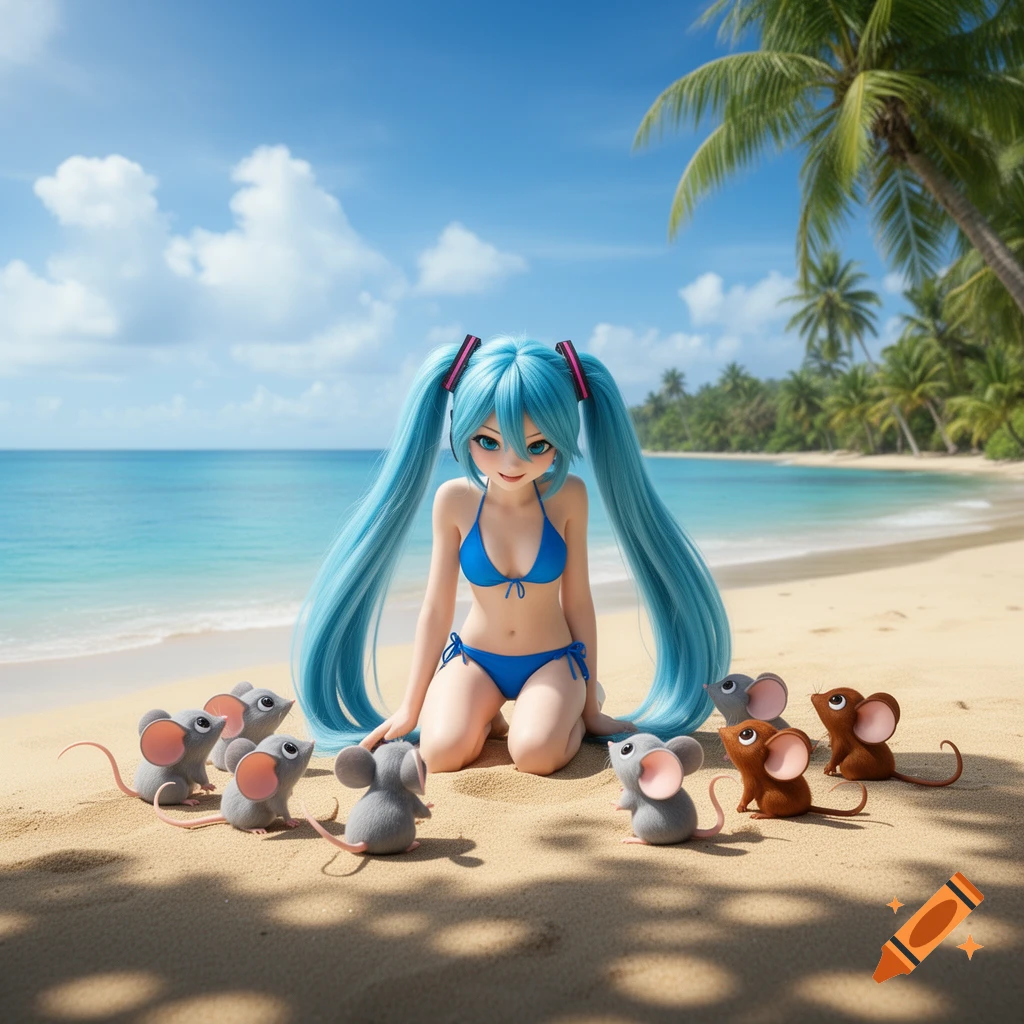 Anime-style Hatsune Miku in a blue bikini kneels on a sandy beach, surrounded by small mice, with the ocean and palm trees in the background.