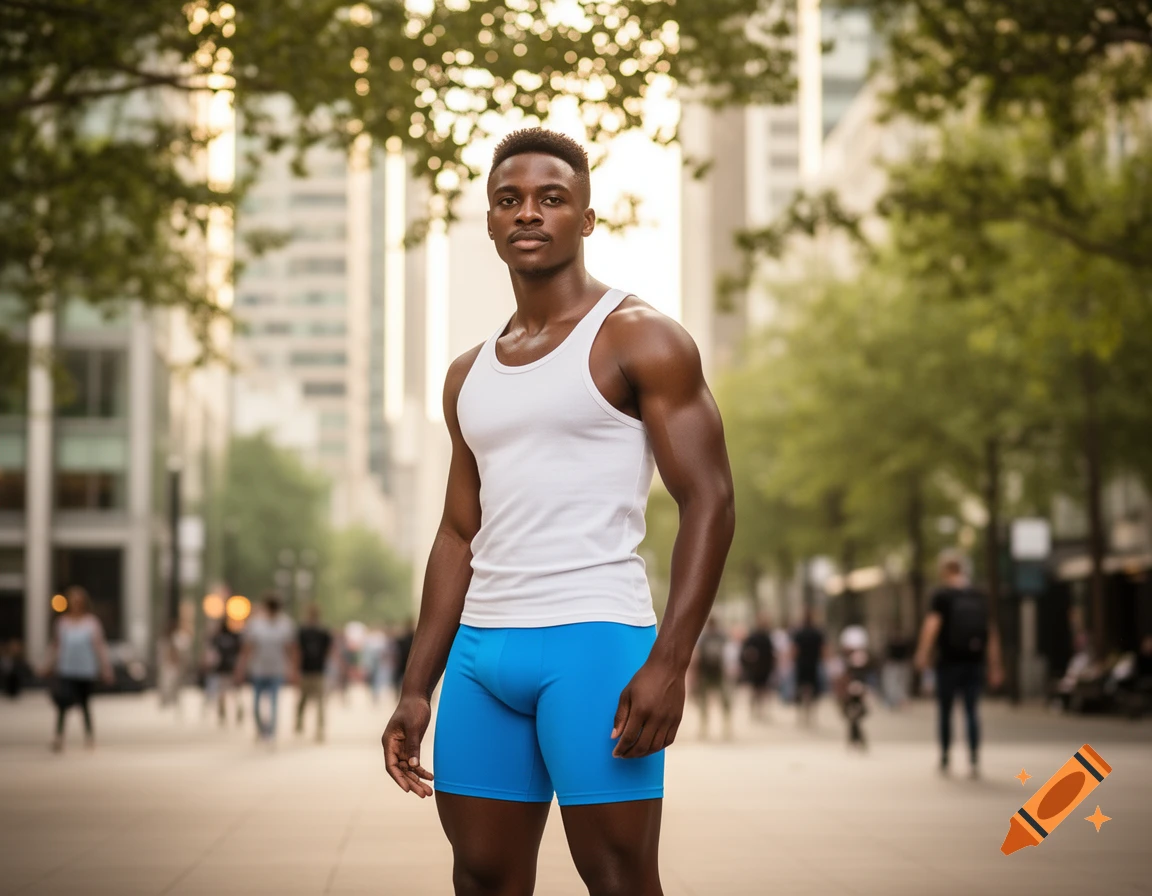 Muscular Black man in white tank top and blue athletic shorts standing on a city street.