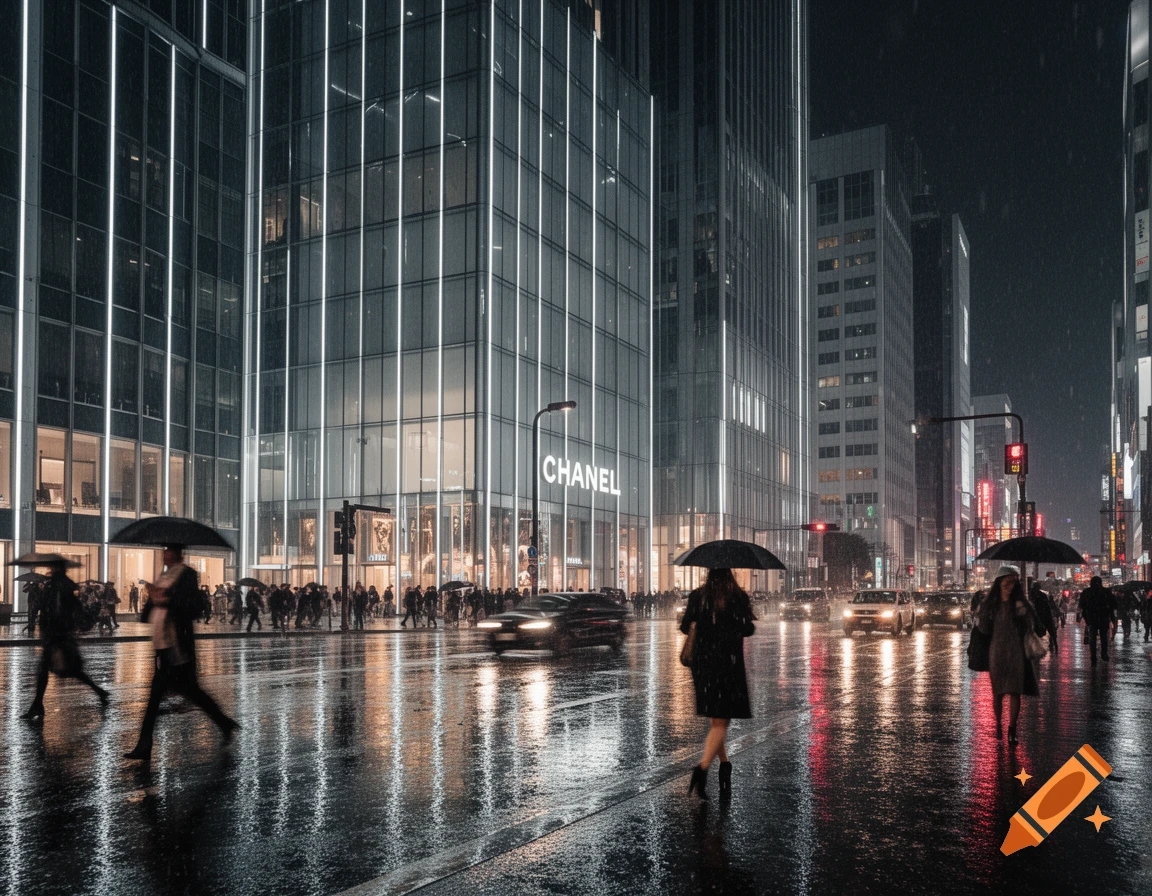 Photorealistic night street scene during heavy rain, with a modern building displaying "CHANEL" in bright letters, wet street reflections, and people walking with umbrellas.