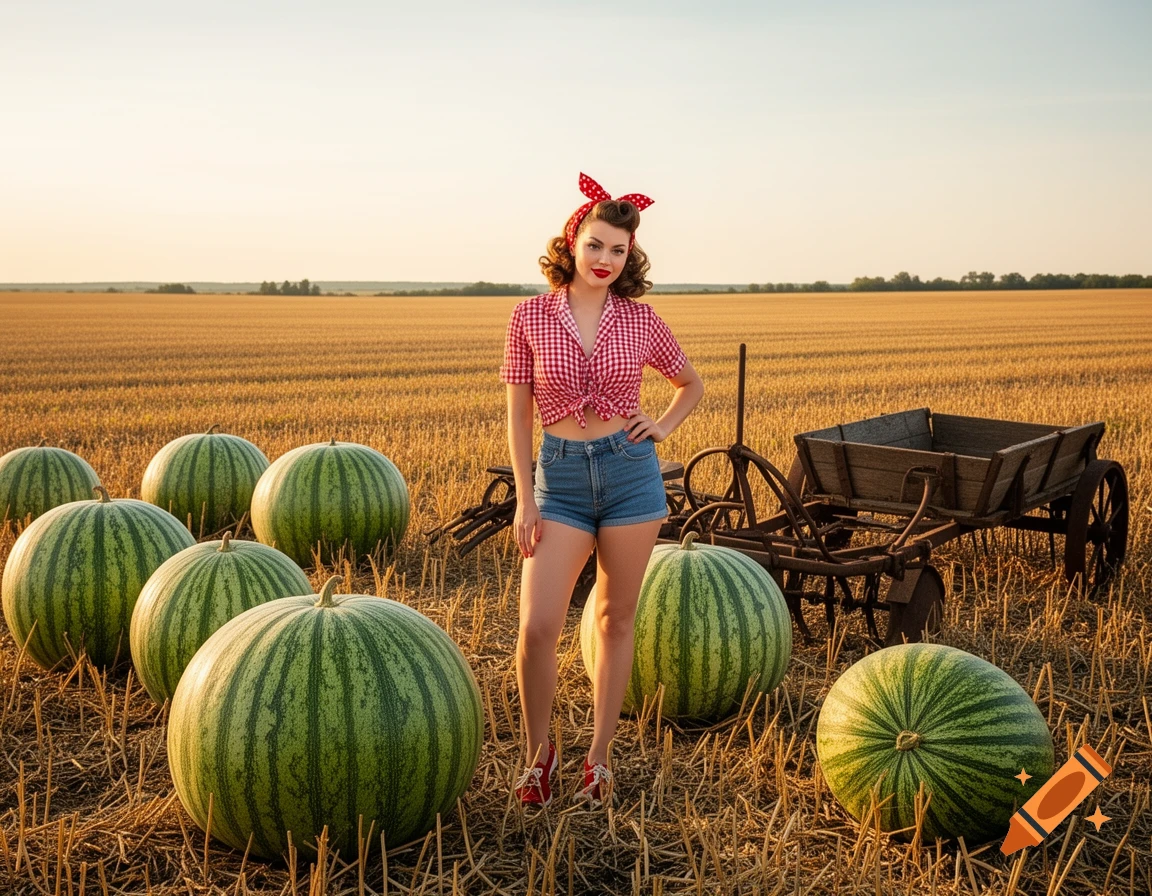 A pinup woman in a plaid shirt and denim shorts stands in a field with large watermelons and a rustic wagon at sunset.