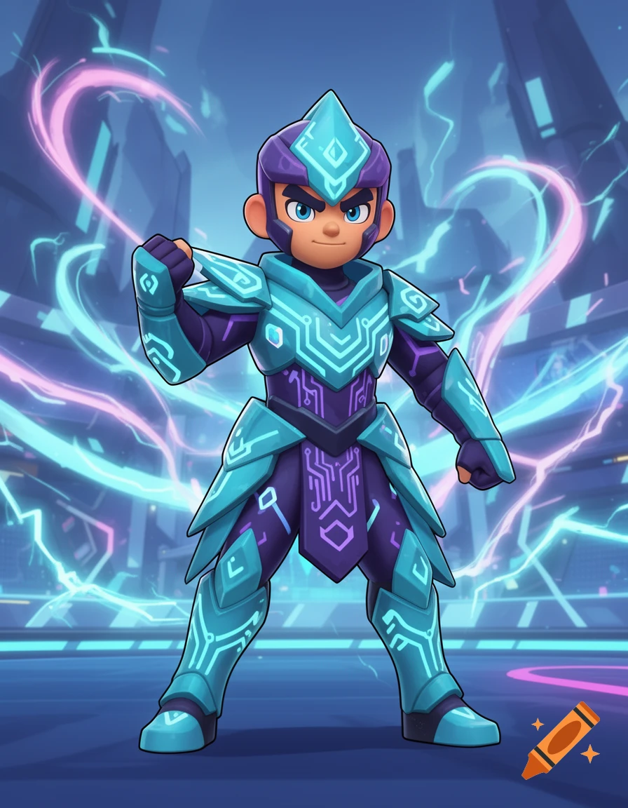 Cartoon character in glowing purple and teal futuristic armor with circuit patterns, against a sci-fi city background.