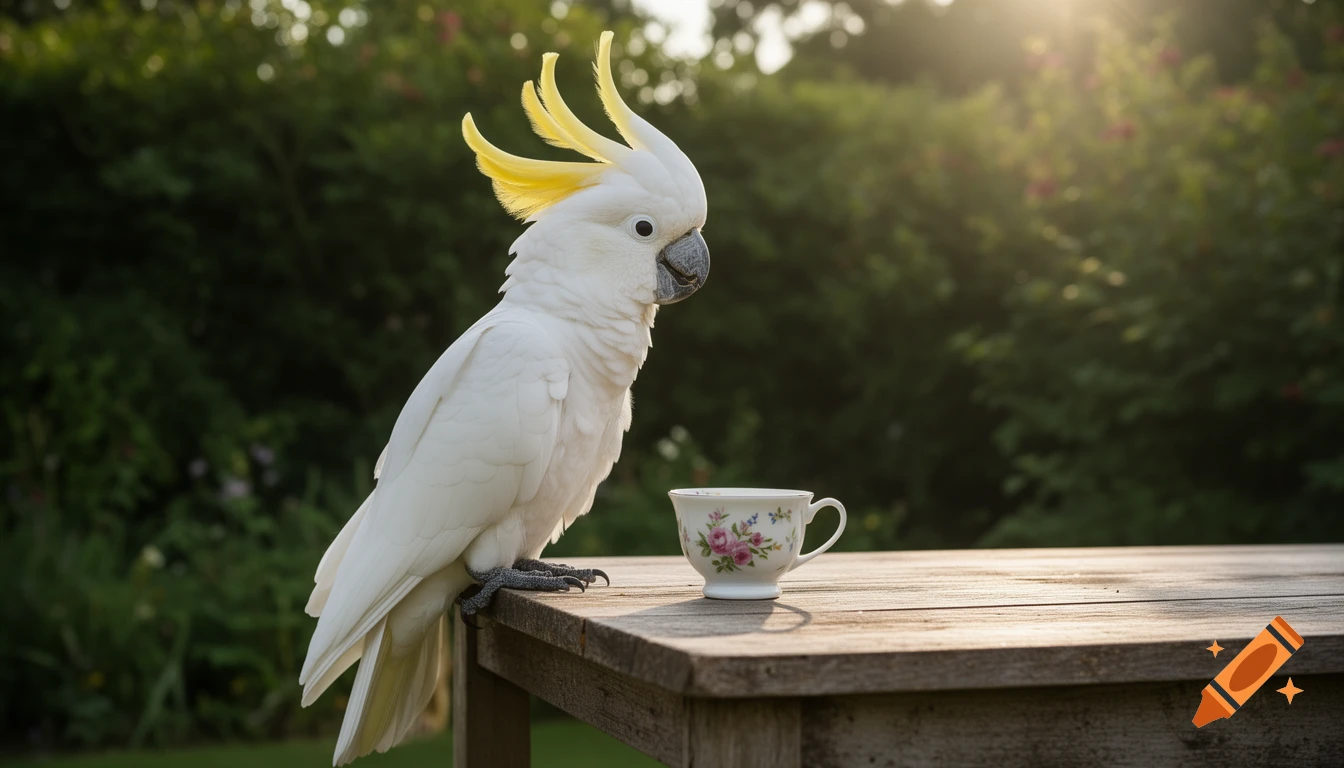 A white cockatoo with a yellow crest stands next to a floral teacup on a wooden table in a sunny garden.
