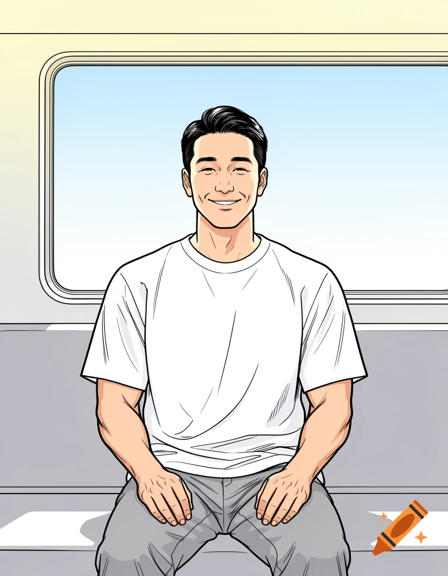 Digital pop-art illustration of a smiling Japanese man in a white t-shirt sitting on a train, looking out the window.