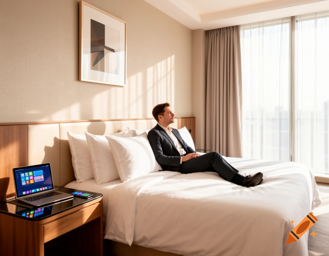 A man in a suit relaxes on a bed in a modern hotel room with a laptop and smartphone on the bedside table, bathed in bright natural light.