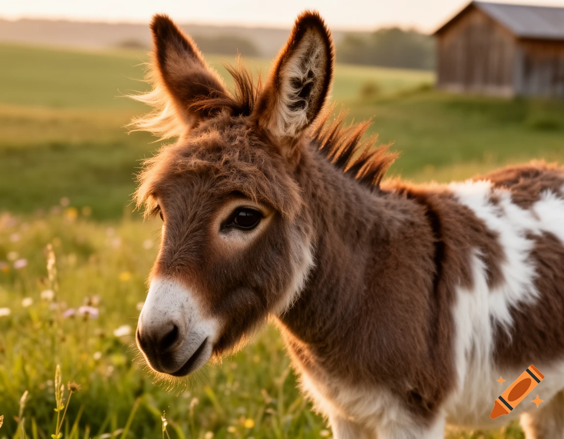 A cute young donkey with brown and white fur stands in a grassy field with a building in the background at sunset.