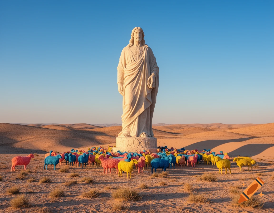 A large Jesus statue stands in a desert surrounded by many brightly colored sheep under a clear blue sky.