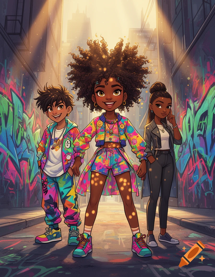 Vibrant animated portrait of three friends posing confidently in a graffiti-covered alleyway.