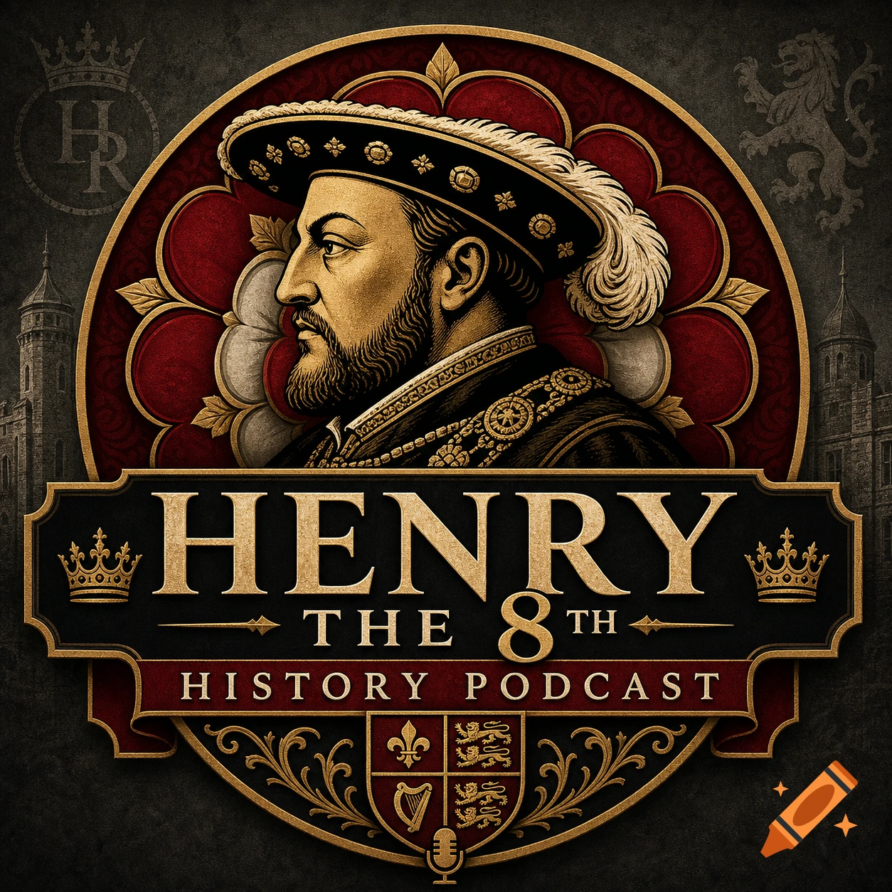 A stylized, gilded logo for a "HENRY THE 8TH HISTORY PODCAST" featuring a profile of Henry VIII and a crest.