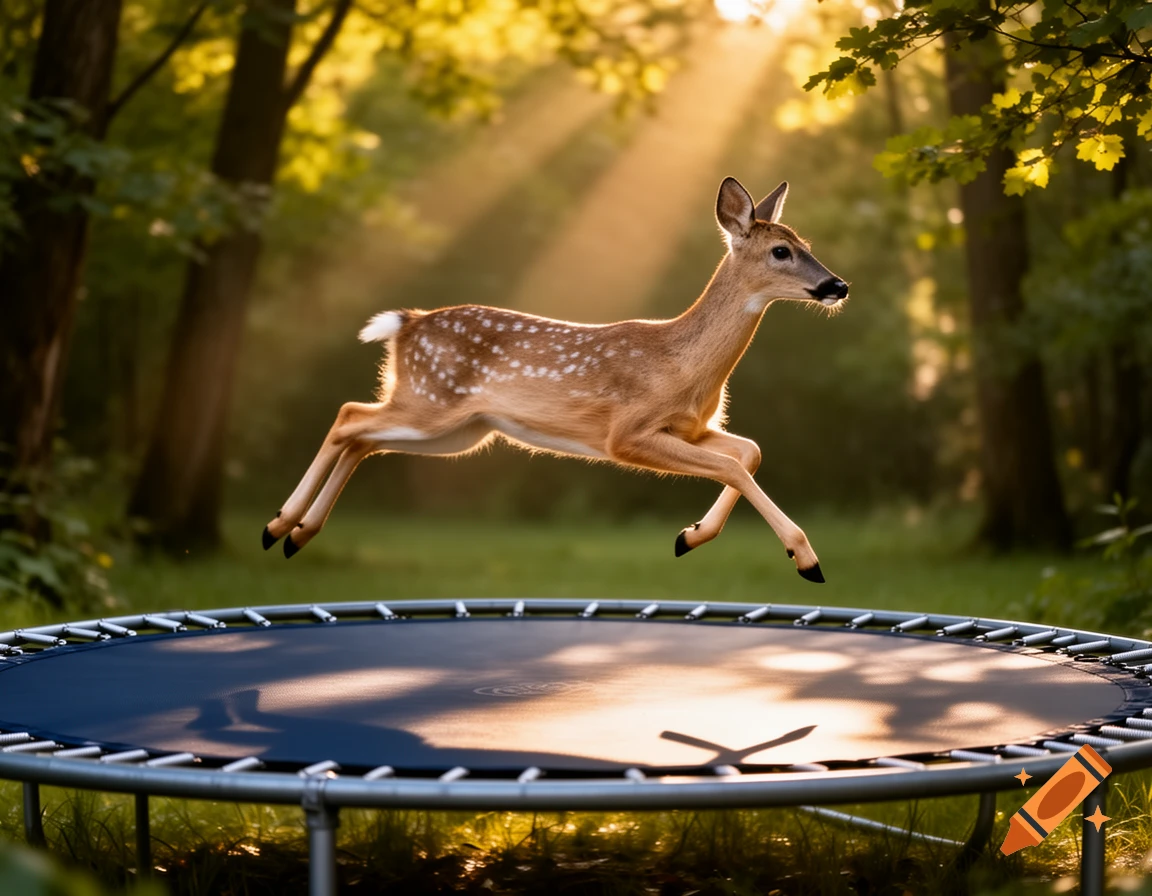 A spotted fawn leaps gracefully on a trampoline in a sunlit forest.
