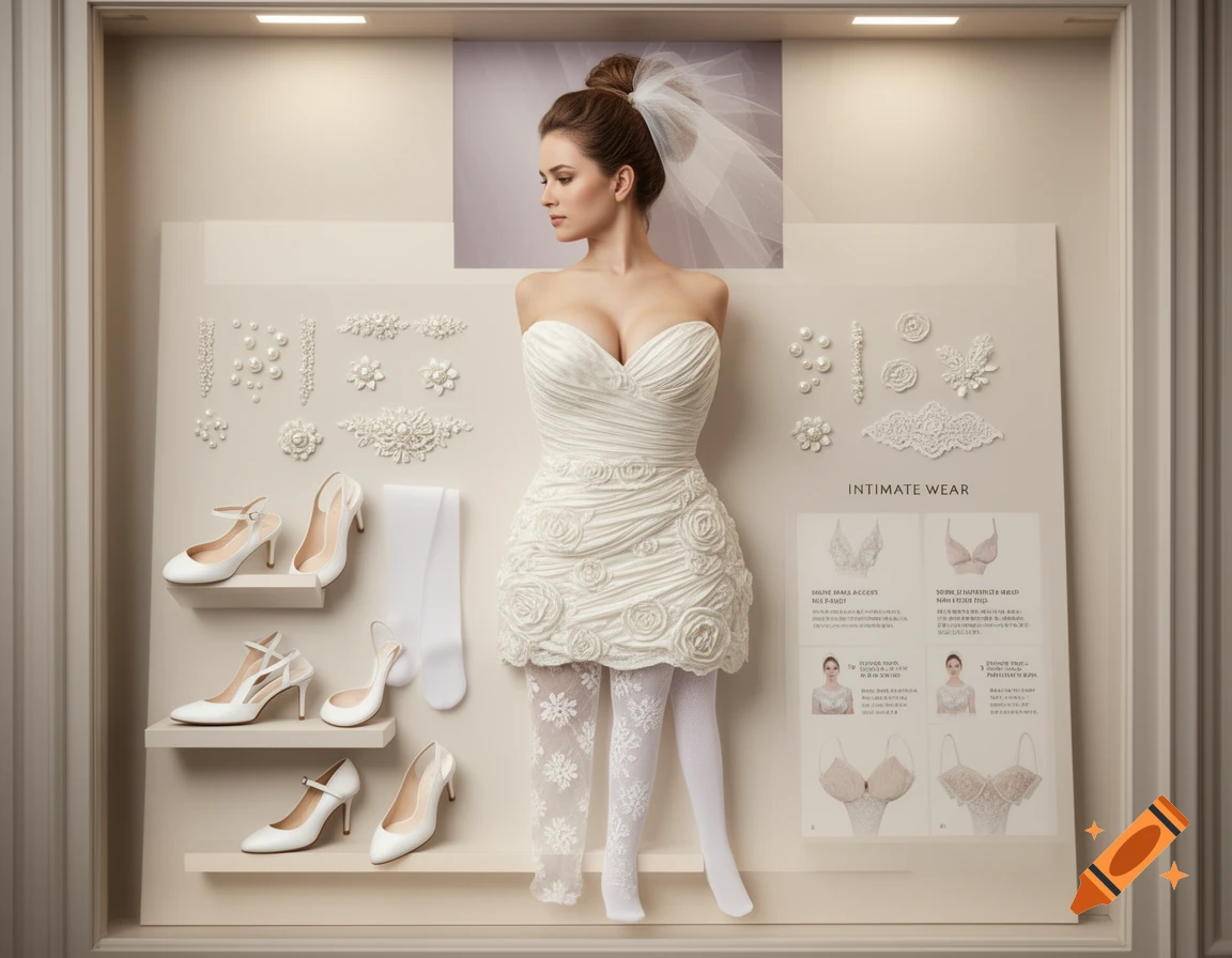 A mannequin-like figure in a short white wedding dress and lace pantyhose displayed with shoes, accessories, and lingerie on a styling board.