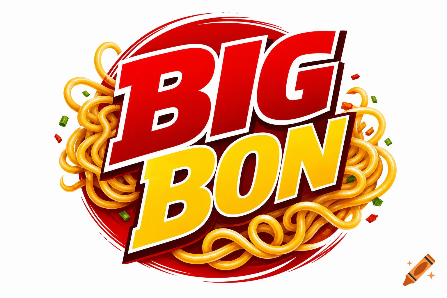 A colorful logo for "Big Bon" instant noodles, featuring the words in bold red and yellow text, encircled by golden noodles and spices on a red background.