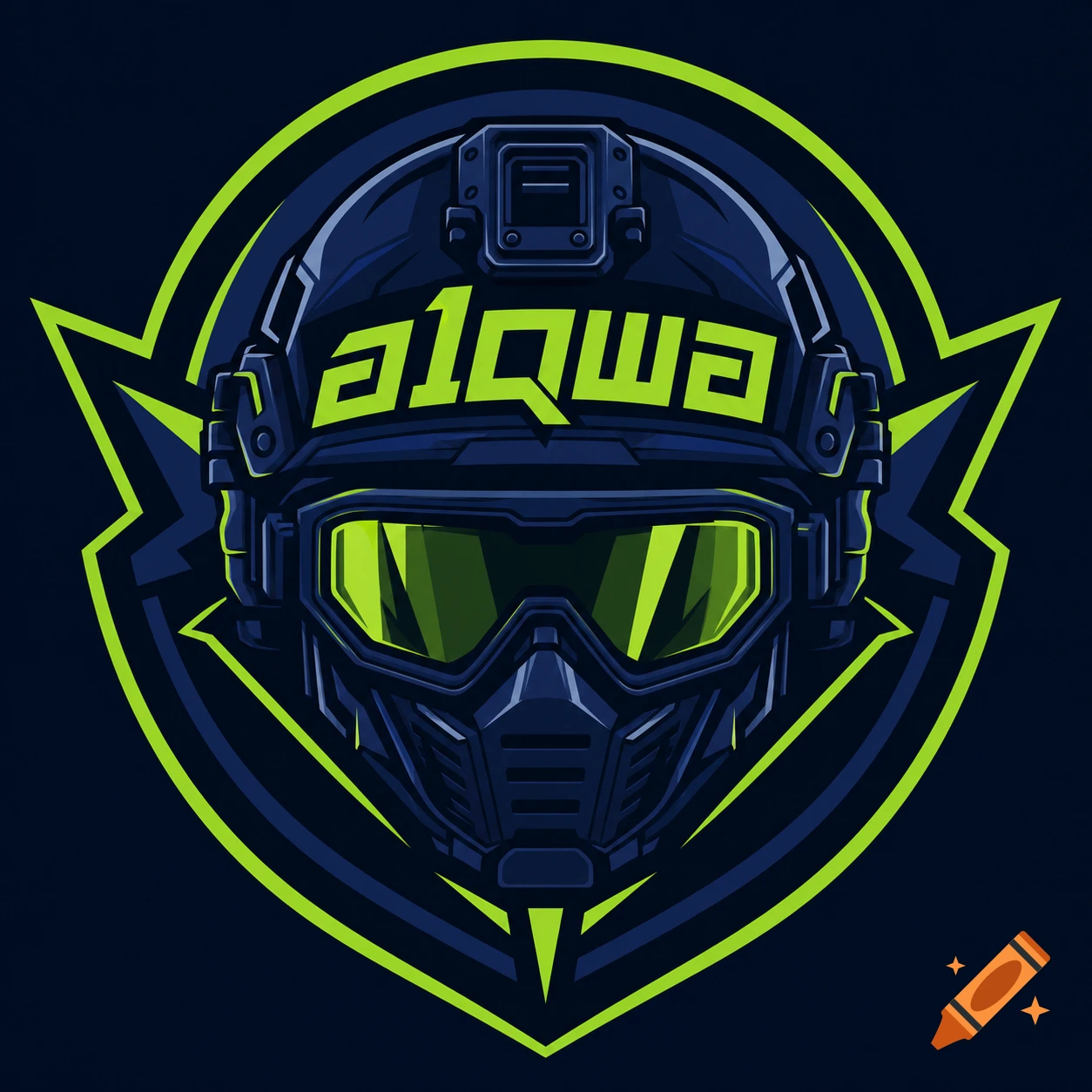 Stylized dark blue futuristic helmet with glowing green visor and 'a1qwa' text, in an esports avatar style.