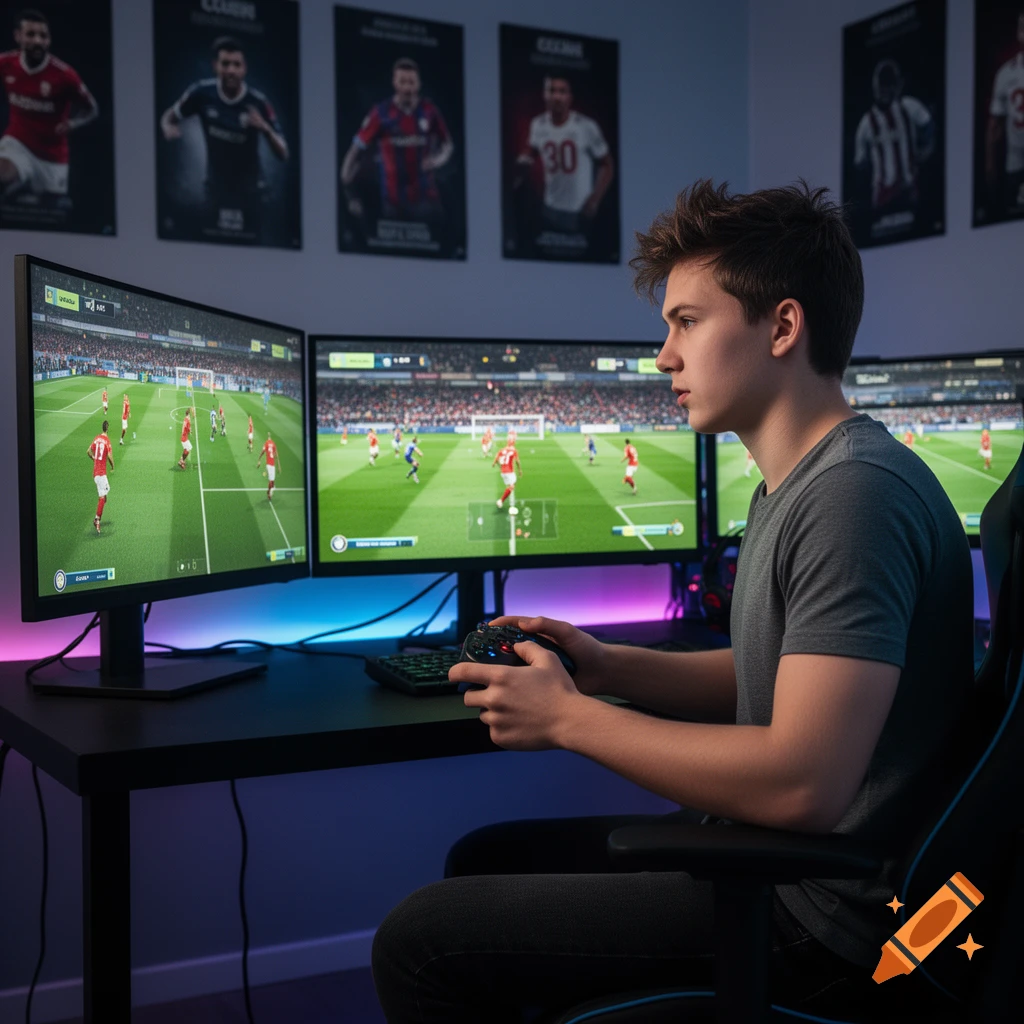 Young man playing a football video game on a multi-monitor setup in a dimly lit room with LED lighting.