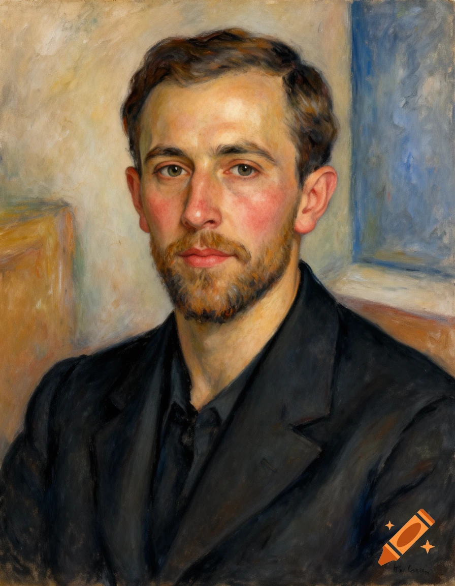 Head and shoulders oil painting portrait of a man with a beard and dark suit, in a Cezanne style.