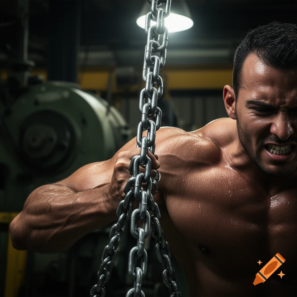 Photorealistic image of a muscular man straining, pulling heavy steel chains in a dim, industrial-like setting.