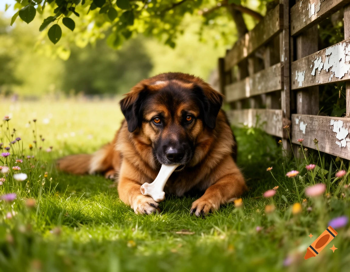 A photorealistic shot of a brown and black dog lying on green grass, holding a bone, under a tree by a wooden fence.