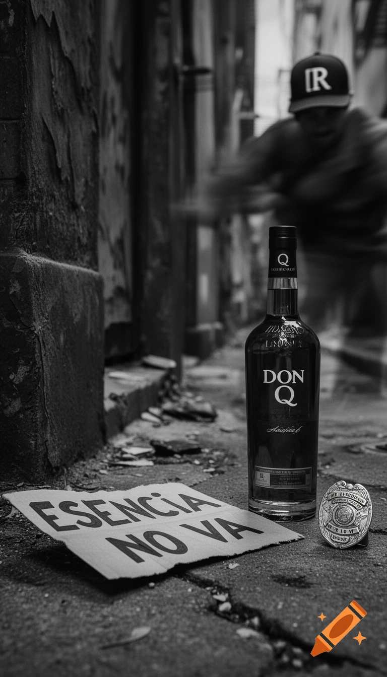 A black-and-white photograph of a Don Q rum bottle and a protest sign reading 'ESENCIA NO VA' on a dirty street, with a police badge nearby and a blurry person in the background.