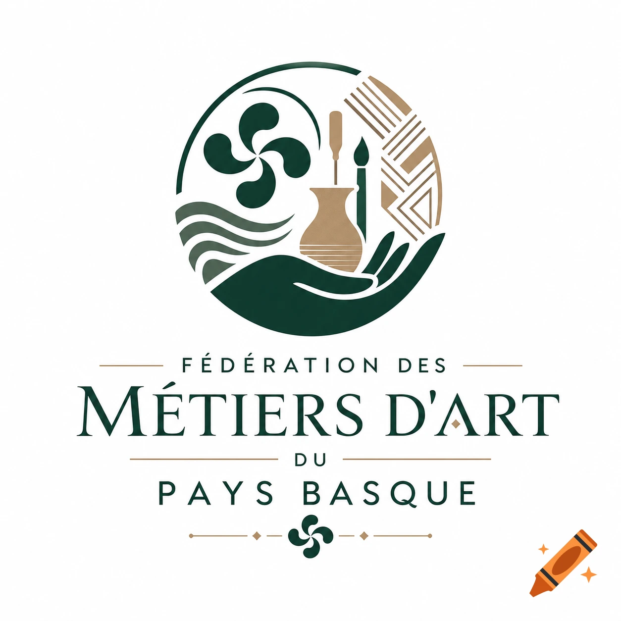 A stylized logo featuring a dark green hand holding beige art tools and Basque symbols inside a circle, with the text "Fédération des Métiers d'Art du Pays Basque" below.