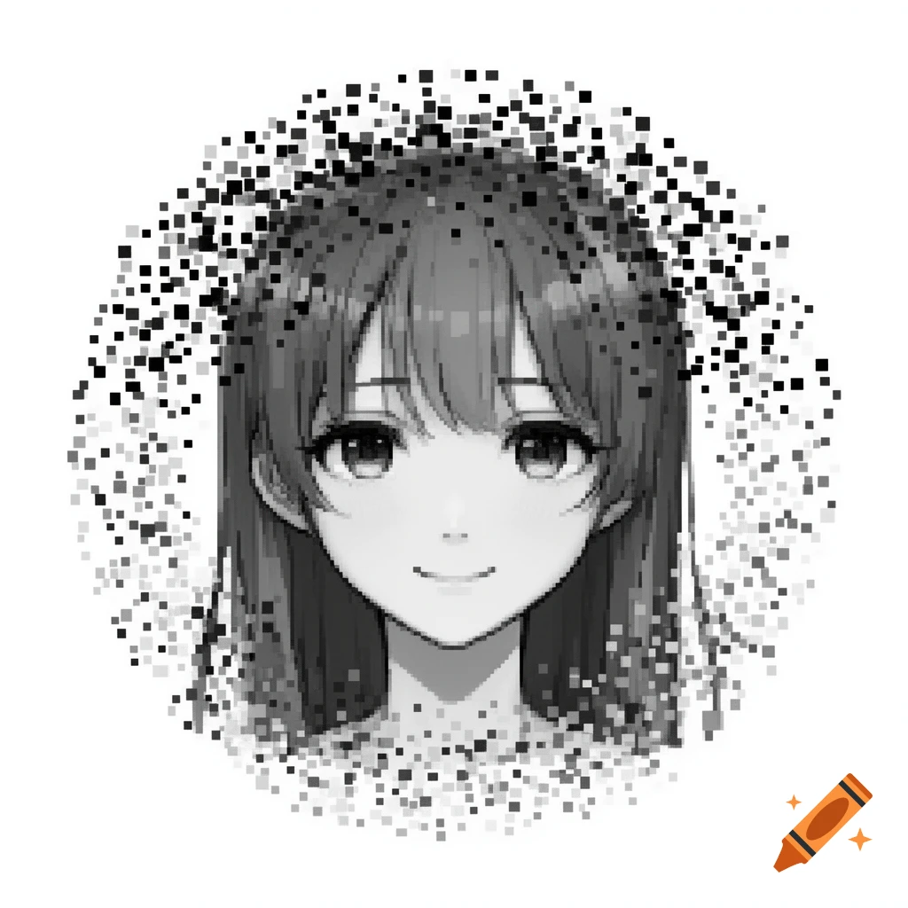 Monochrome anime girl face with a pixelated regeneration effect.