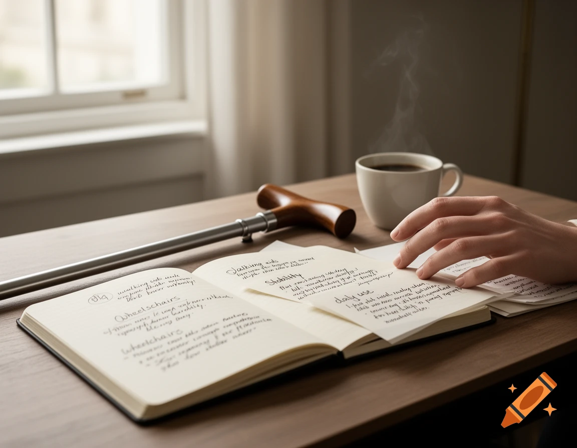 A hand rests on an open notebook on a wooden desk, next to a walking cane and a steaming coffee cup, bathed in soft natural light.