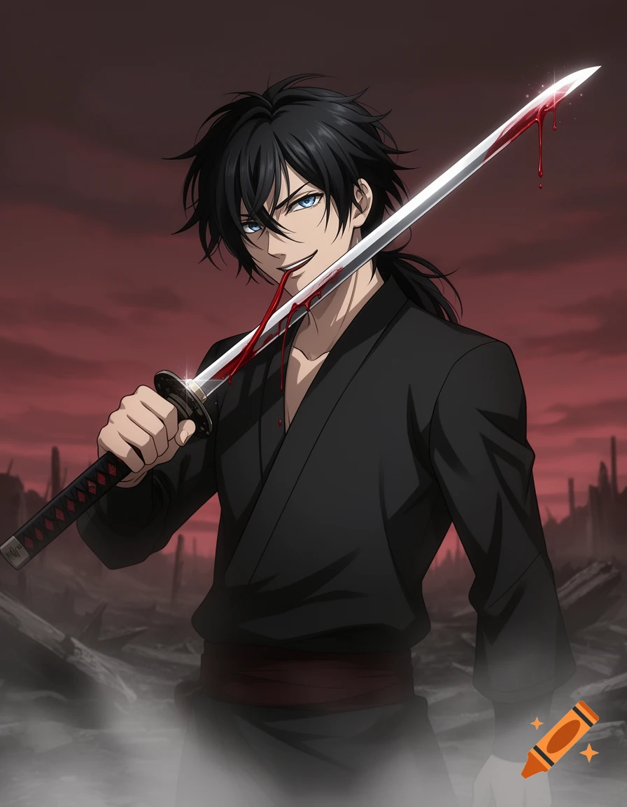 Anime man with black hair and blue eyes, smiling sinisterly while licking blood off a katana, against a desolate, red-hued background.