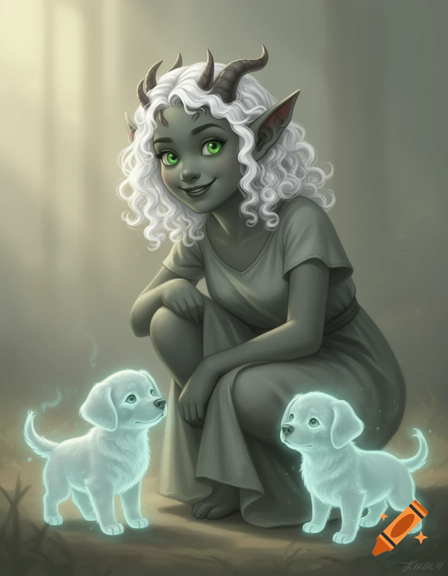 An illustration of a grey-green skinned Tiefling girl with white curly hair, horns, and green eyes, crouching with two glowing ghost puppies.