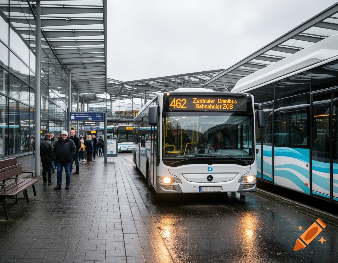 A white bus labeled "462 Zentraler Omnibahnholot ZOB" is parked at a busy bus station on a cloudy day, with people waiting on the wet pavement.