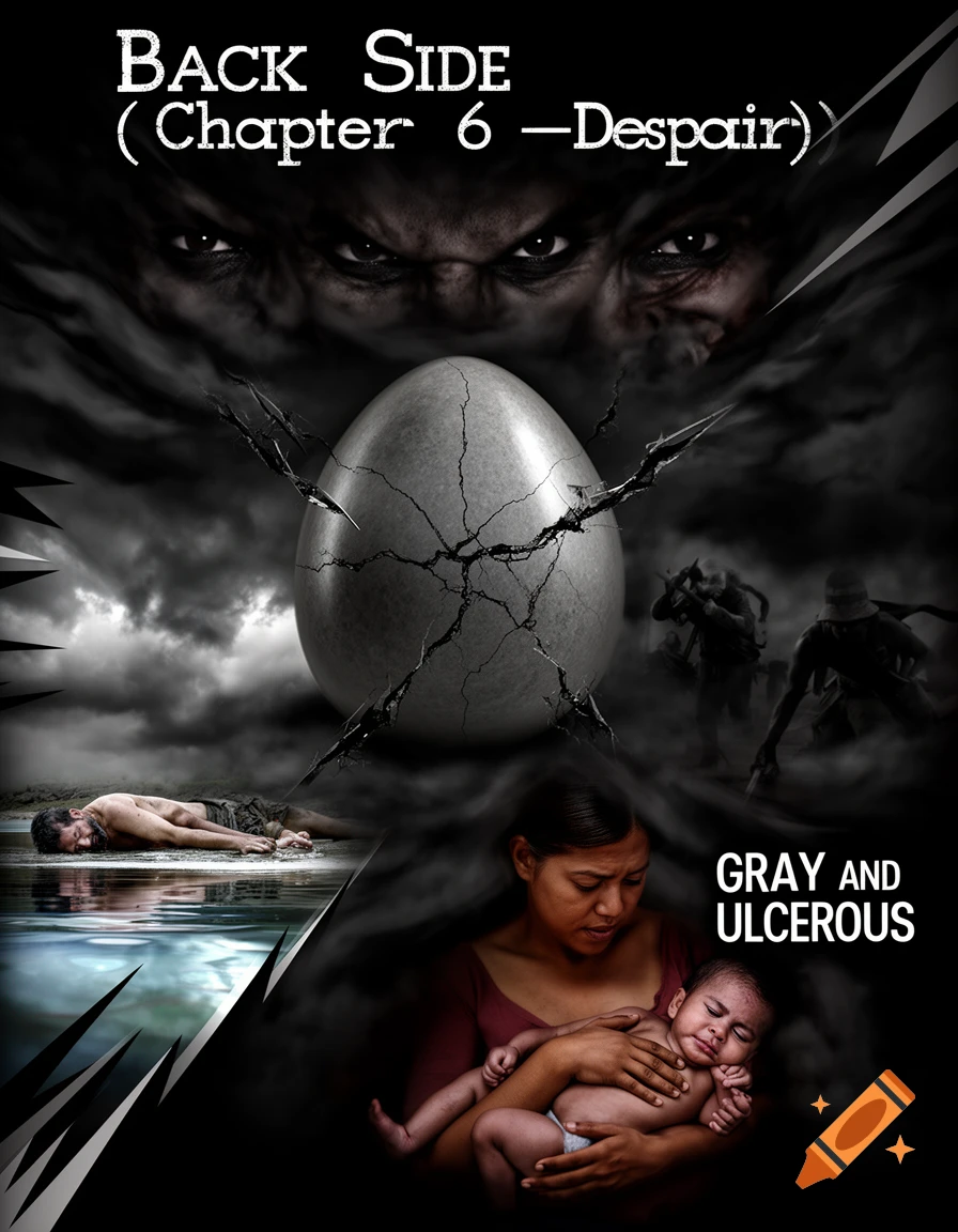 A collage with a cracked gray egg at the center. Above, three pairs of angry eyes peer from dark clouds. Below, a man lies face down by water and a woman holds an infant. Text reads "BACK Side (Chapter 6 —Despair)" and "GRAY AND ULCEROUS".
