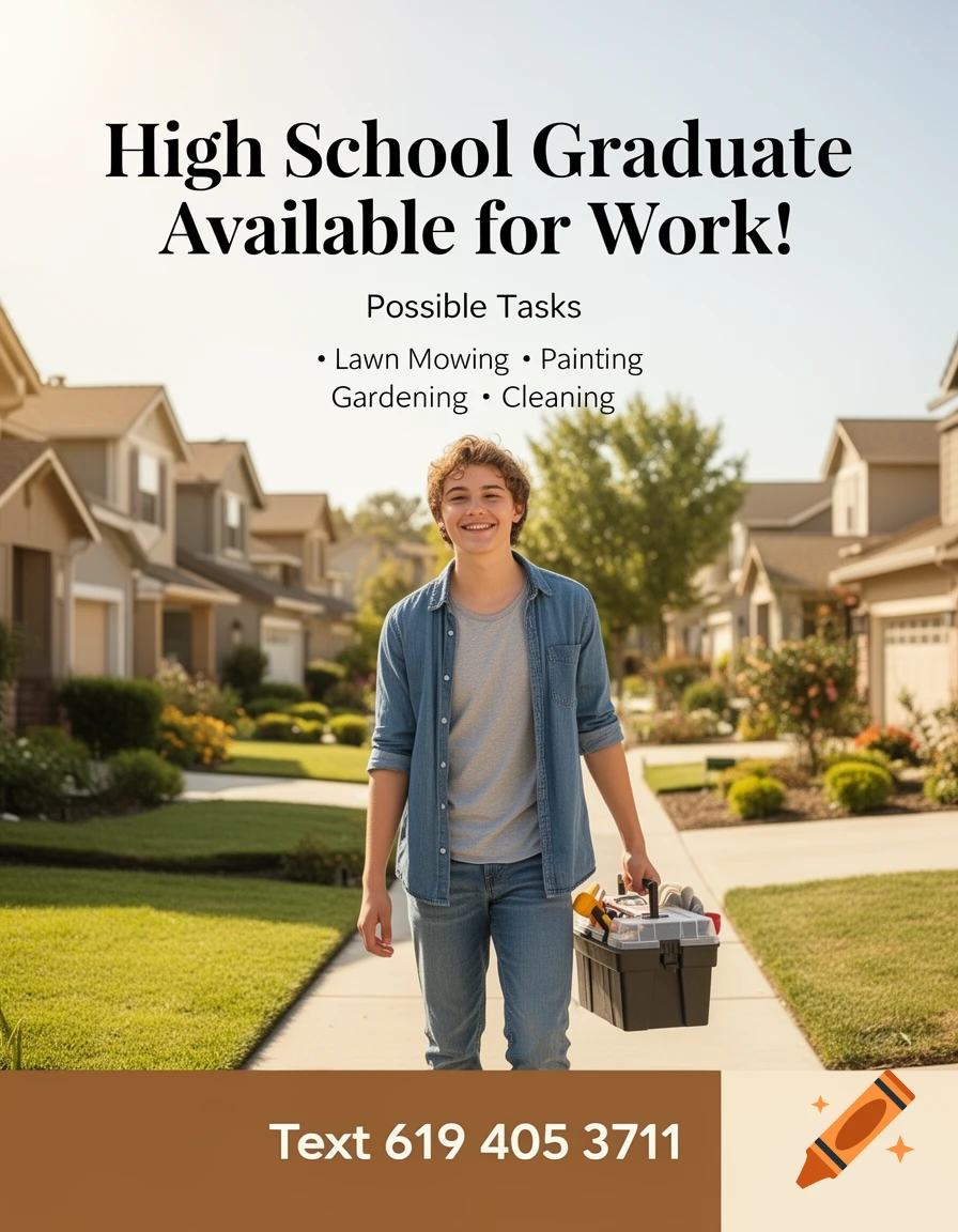 A smiling high school graduate holds a toolbox on a suburban street, advertising availability for work with contact text.