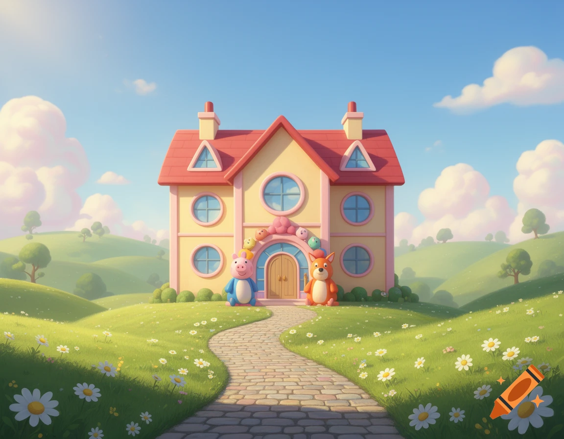 A whimsical cartoon house with a yellow facade and red roof, a pig and a fox by the door, set on a green hill with a winding stone path and daisies under a blue sky.