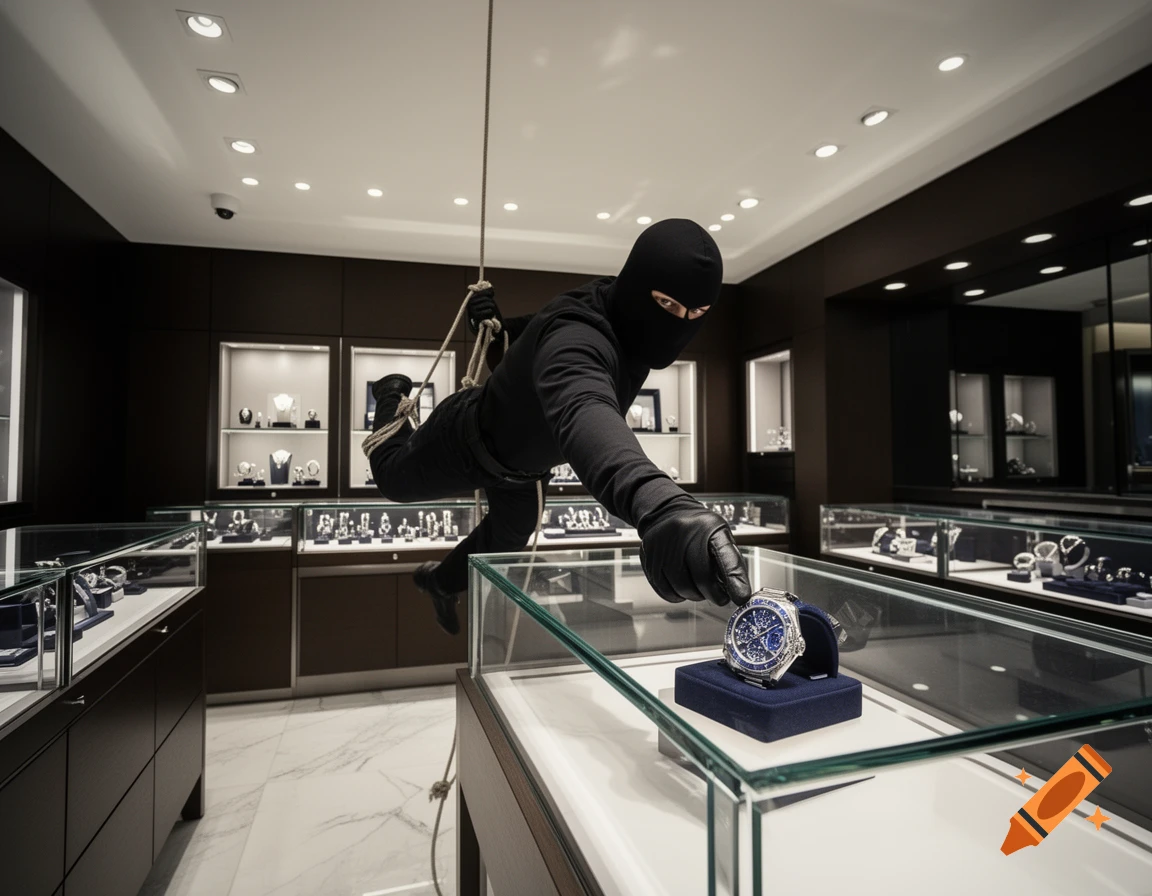 A burglar wearing a black balaclava and gloves rappels from the ceiling of a modern jewelry store, reaching for a blue watch in a glass display case.