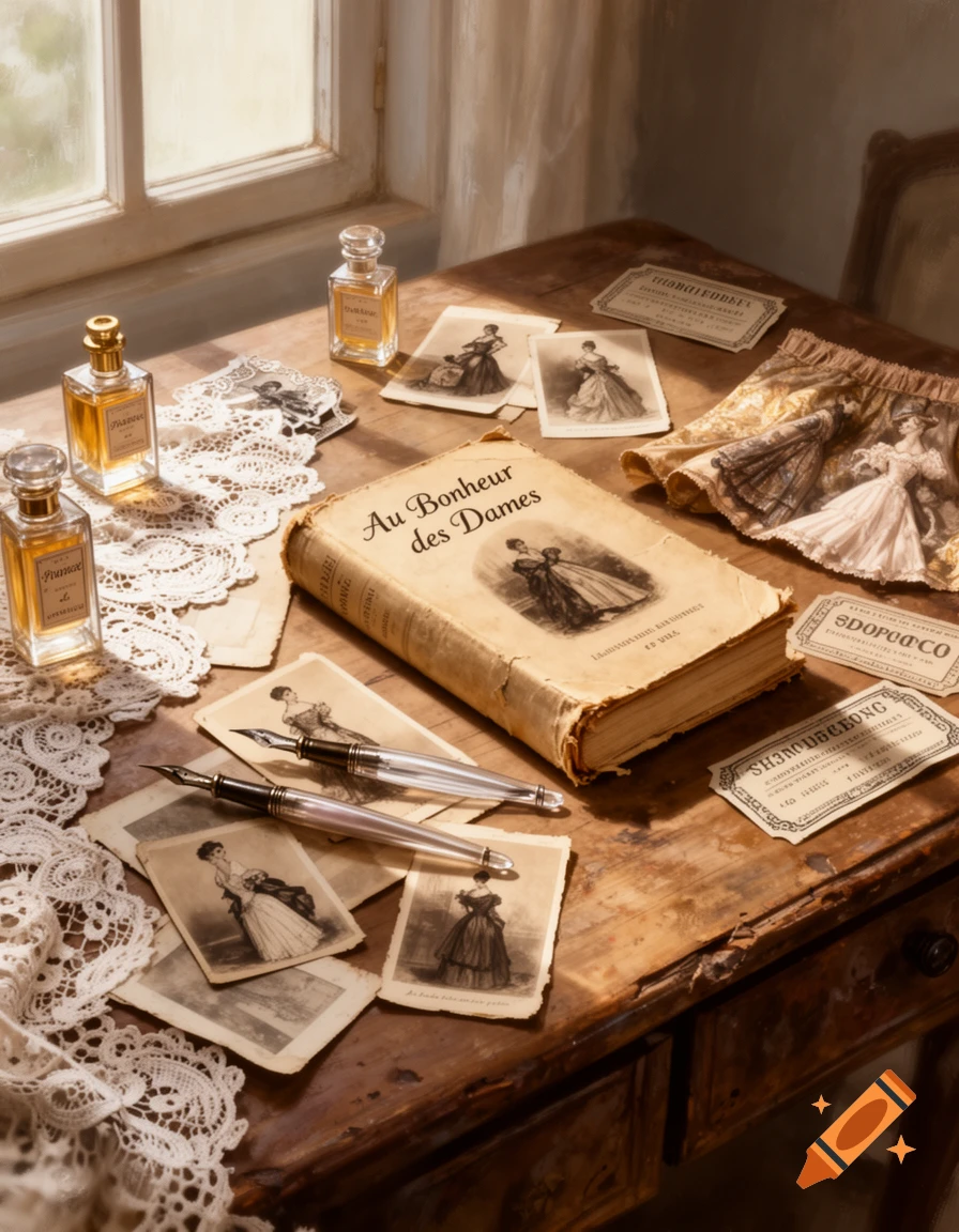 A vintage still life on a wooden desk with a book titled 'Au Bonheur des Dames', fashion prints, pens, perfume, and lace, lit by a window.