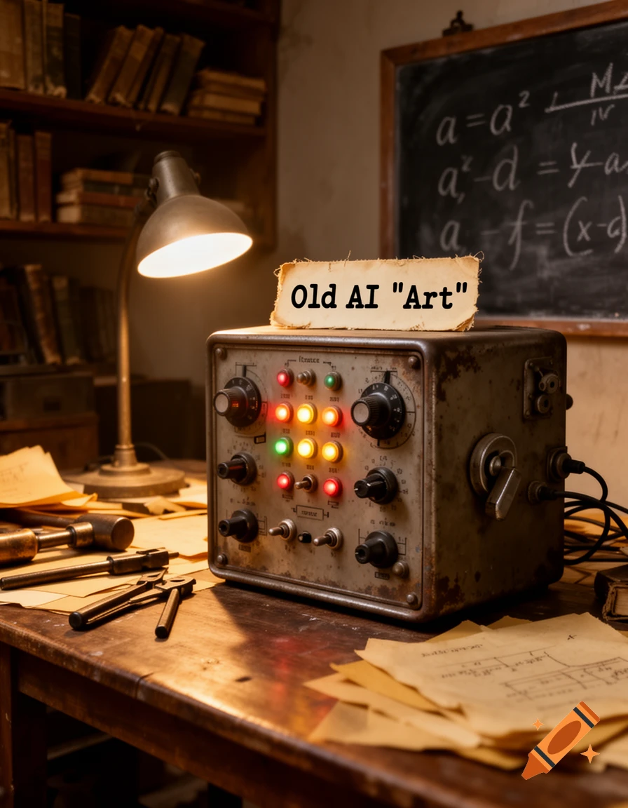 A vintage scientific machine with glowing lights sits on a wooden desk with tools, papers, and a lamp. 'Old AI "Art"' on a paper.