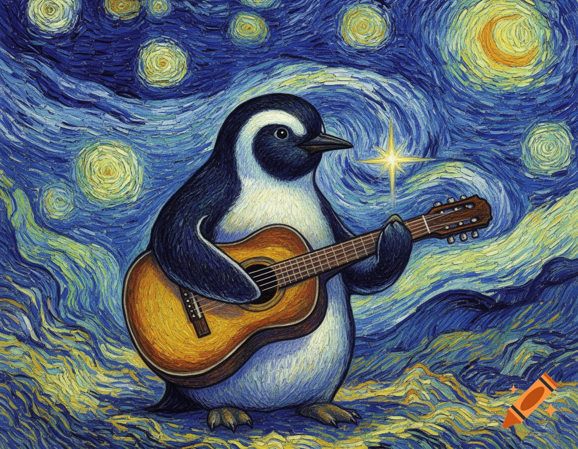 A penguin playing an acoustic guitar, depicted in the swirling, starry style of Van Gogh's paintings.