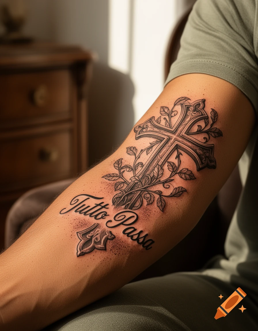 A detailed tattoo of a cross intertwined with vines, and the phrase 'Tutto Passa' on a person's forearm.