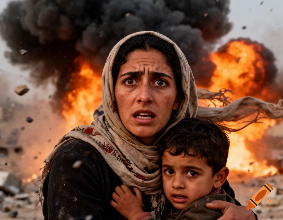 A terrified woman holds a child against a backdrop of devastating explosions and thick smoke in a photorealistic style.