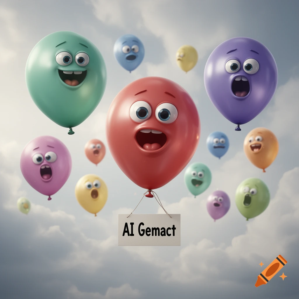 Colorful, expressive cartoon balloons with faces float in a cloudy sky; a red balloon holds a sign reading 'AI Gemact'.