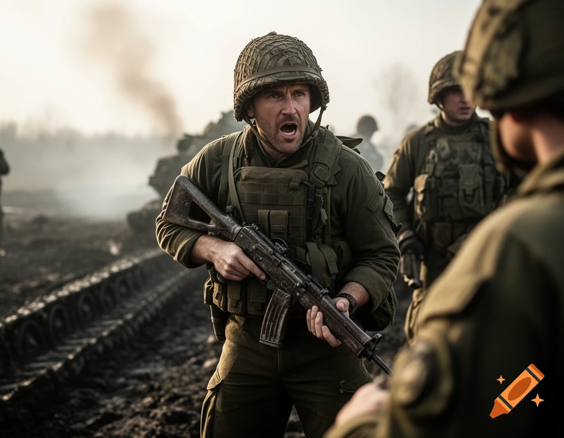 Photorealistic image of a soldier with a rifle, shouting amidst a smoky battlefield with other soldiers and tank tracks.