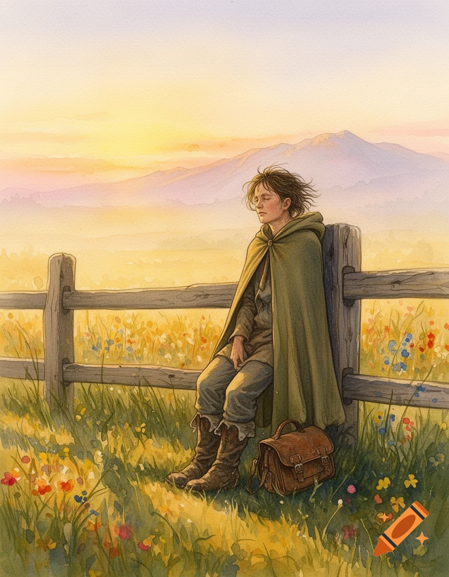 Watercolor painting of a person in a green cloak and boots resting against a wooden fence in a wildflower field with mountains at sunset.