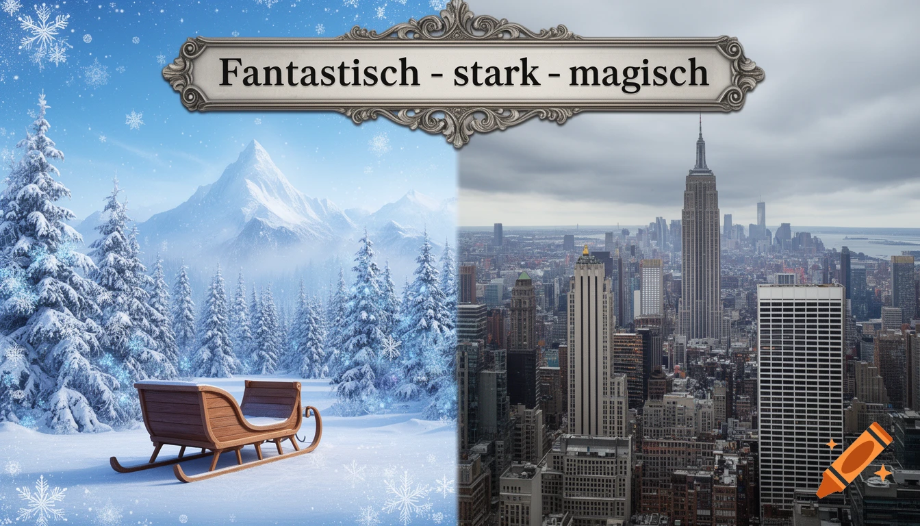 Split image of a snowy winter scene with a sleigh and a grey city skyline, with text 'Fantastisch - stark - magisch' in a banner.