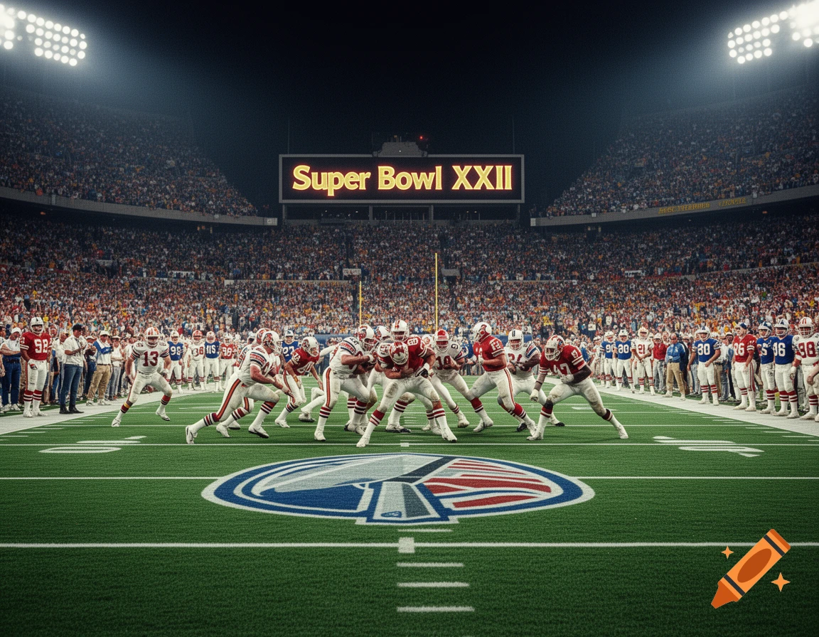 A wide shot of a crowded football stadium at night, with two teams of players lined up on the field, and a scoreboard displaying 'Super Bowl XXII'.