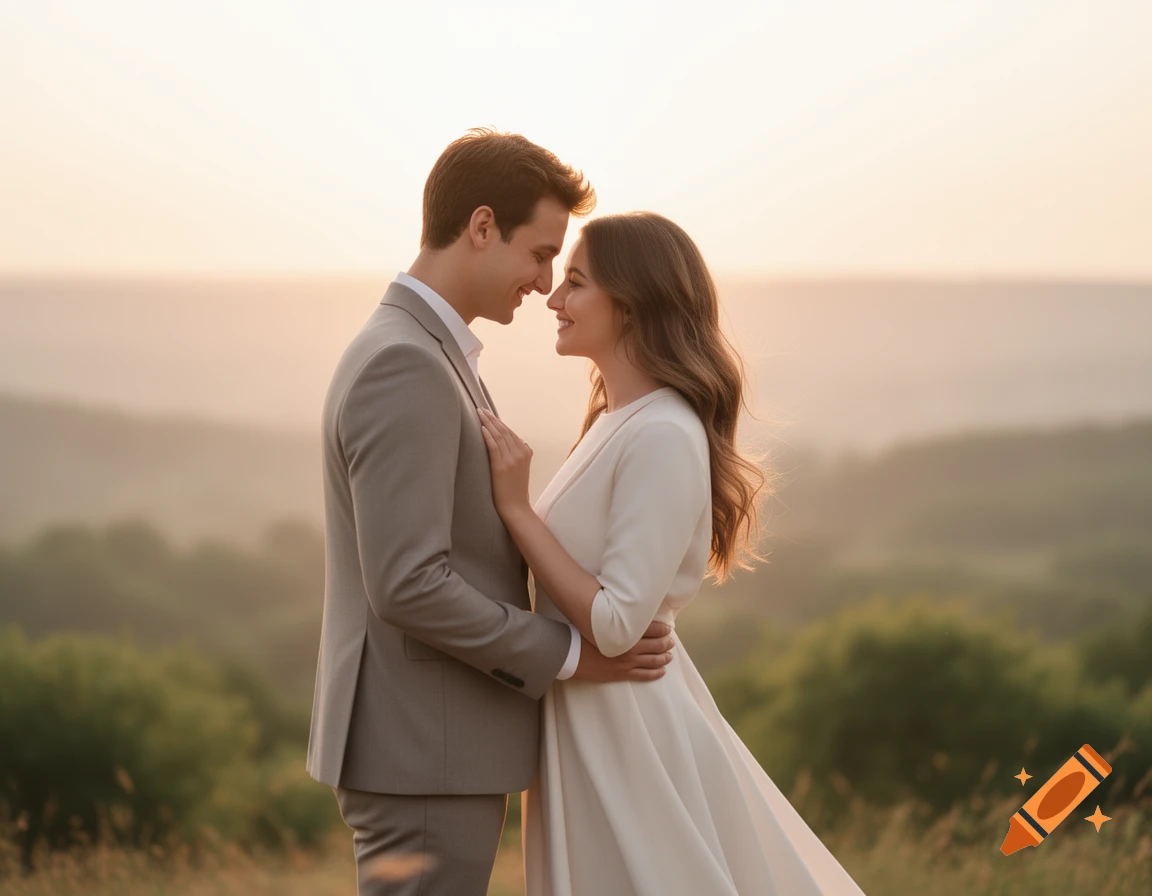 Smiling couple embracing in a field at sunset with hills in the background, photorealistic style.